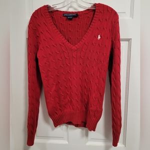 [SOLD] Ralph Lauren Sport V-Neck Sweater Womens Large Red Cable Knit Sweater.